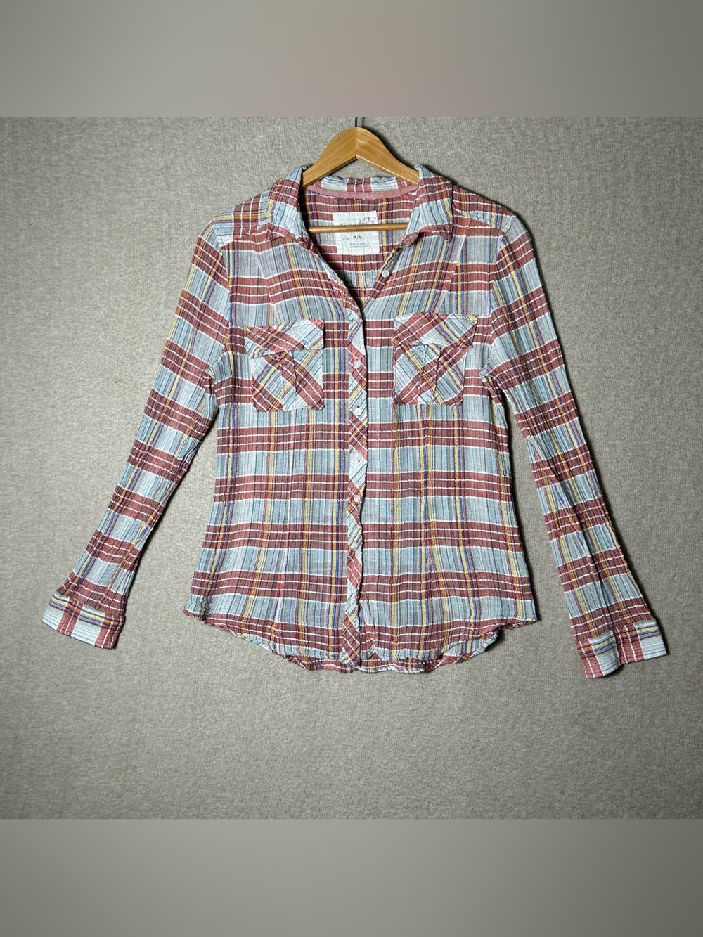 Free People We The Free Gauze Shirt Womens Medium Plaid Long Sleeve Pockets - Picture 7 of 11